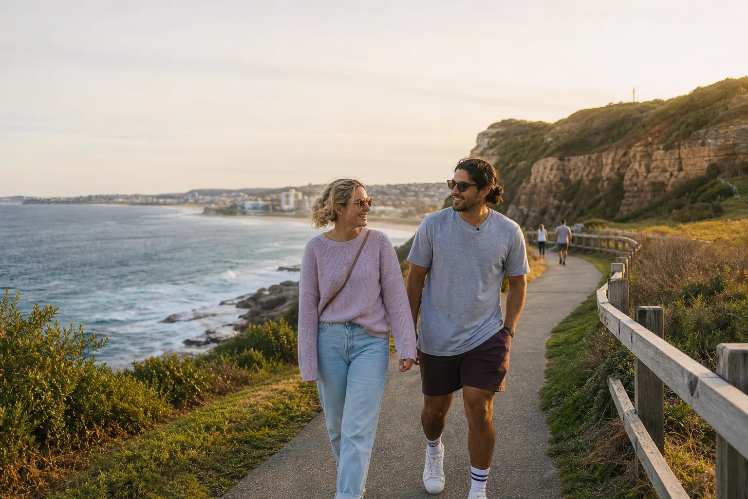 Two adults chatting beside Newcastle Harbour in New South Wales