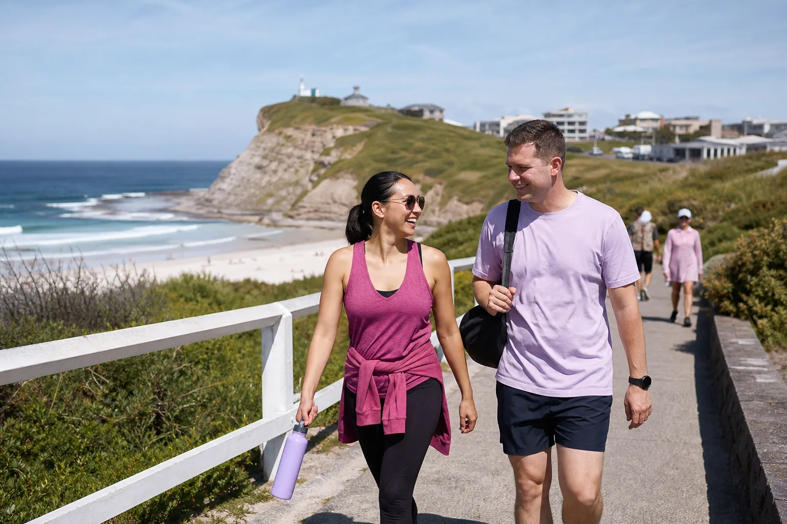 Two people talking beside Newcastle Harbour in New South Wales