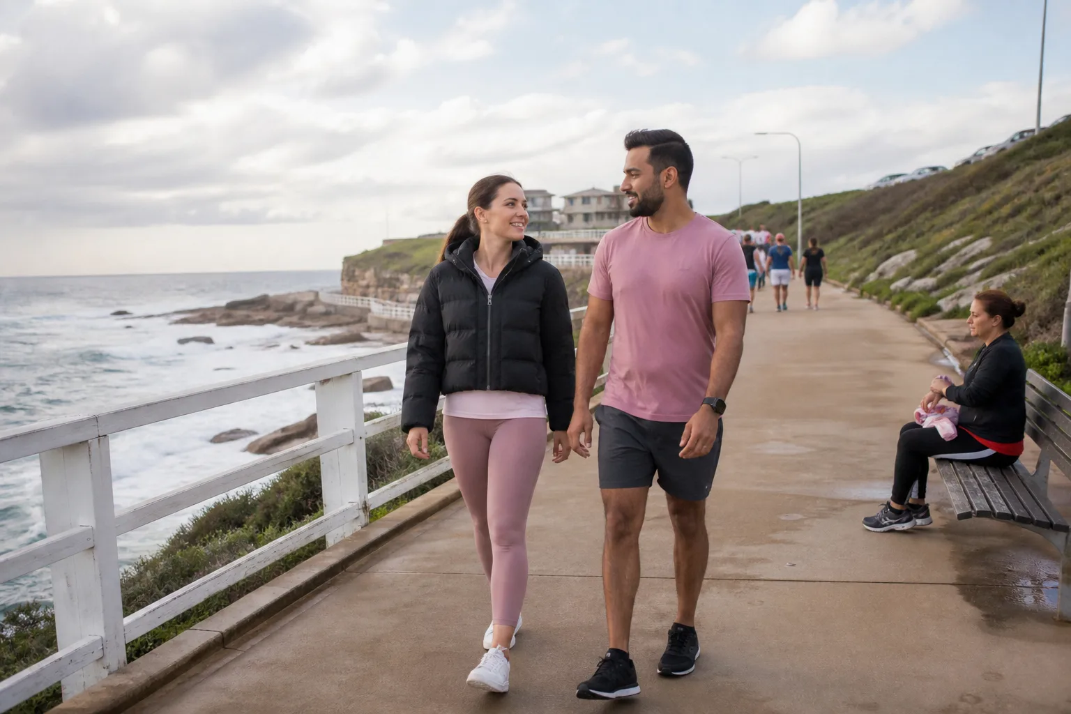 Two people talking beside Newcastle Beach in New South Wales