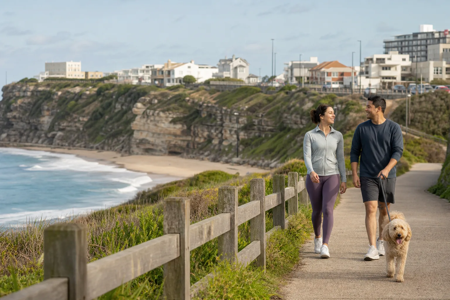 Two people talking beside Newcastle Harbour in New South Wales