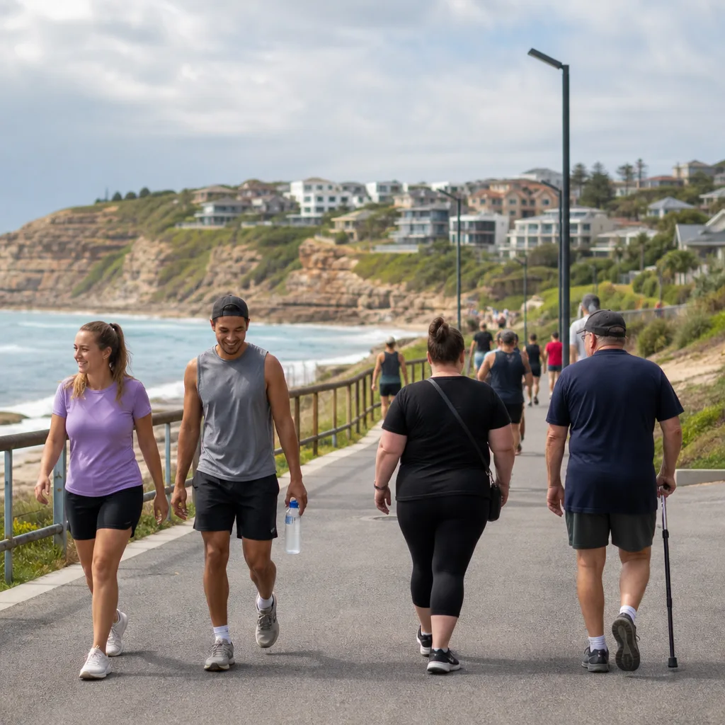 People walking along the Newcastle Memorial Walk above the coast
