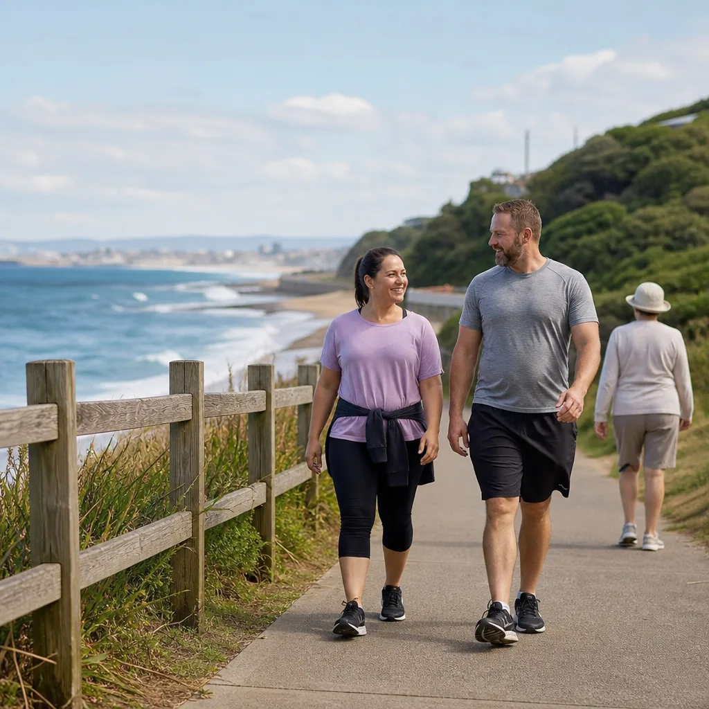 A couple walking along the Bathers Way coastal path in Newcastle NSW
