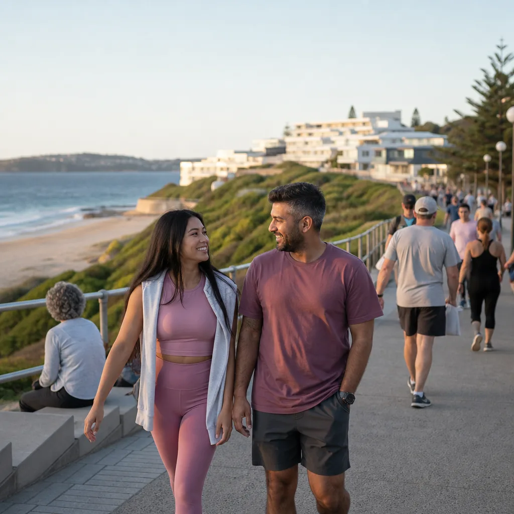 Two adults meeting in a busy public area on Newcastle Foreshore