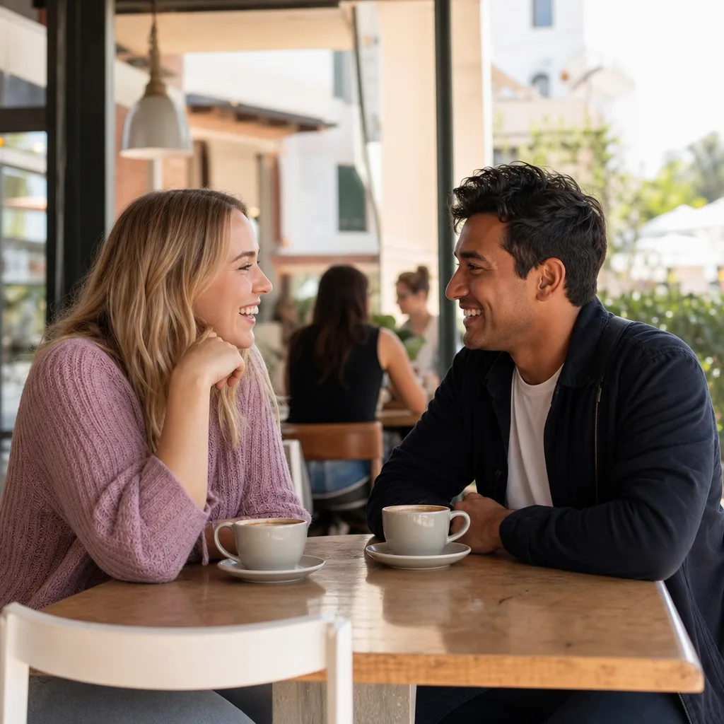 Two adults having coffee at an outdoor table in central Newcastle Australia