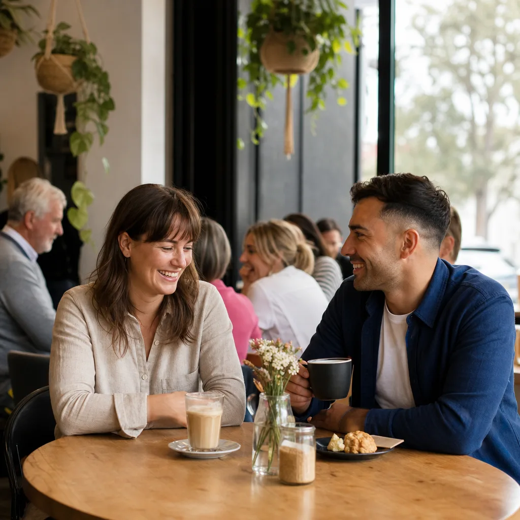 Two adults chatting on a public bench beside Lake Macquarie